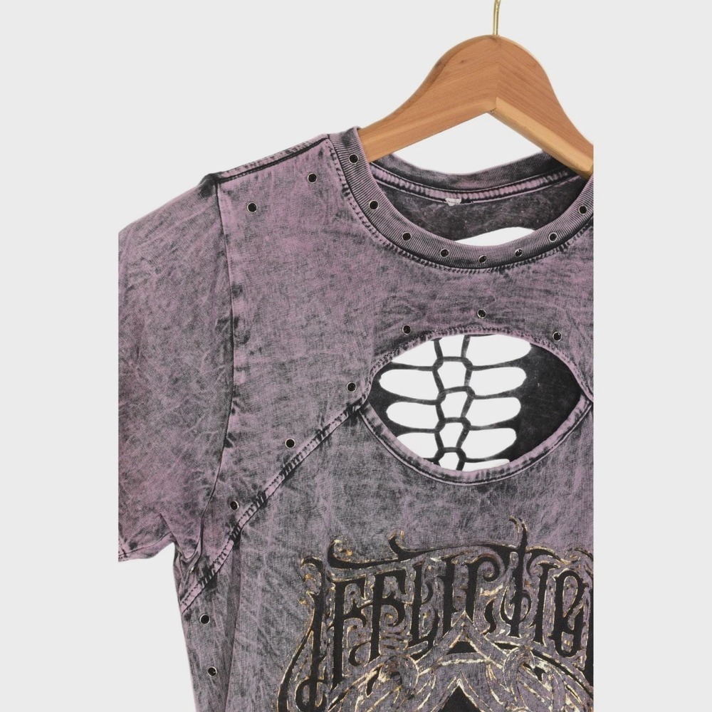 Y2k Affliction T Shirt Womens L Iconic Steel Cut Out Purple Studded Braided - Picture 4 of 8